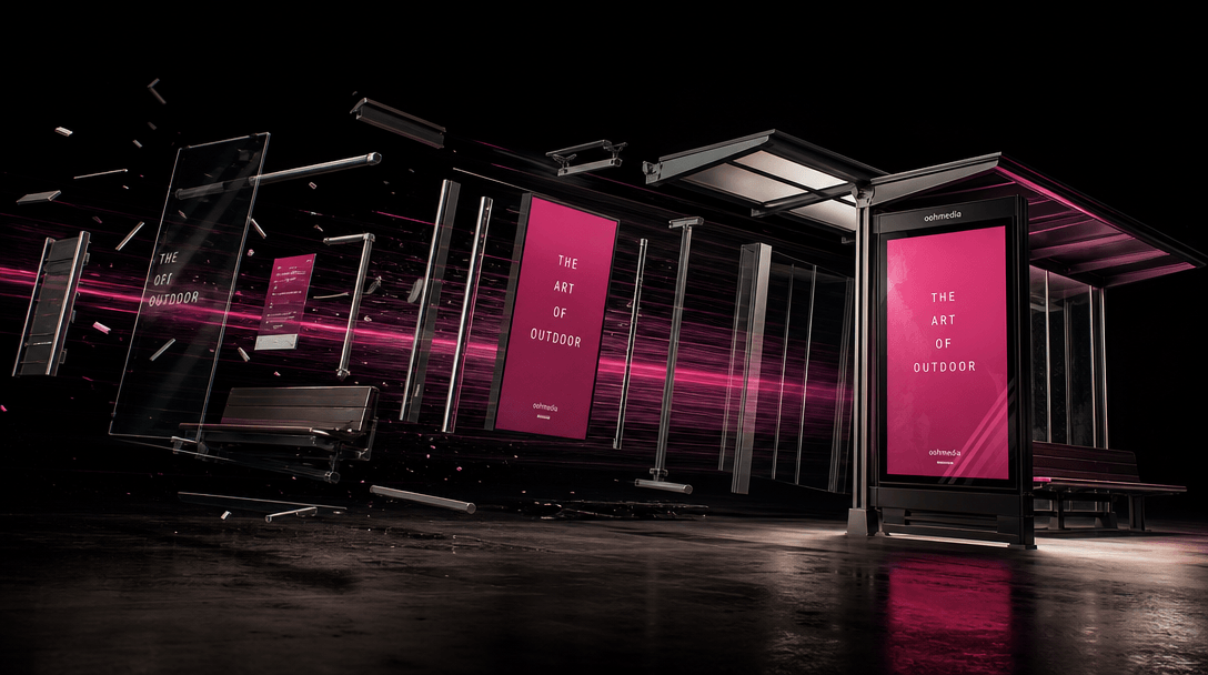 A dynamic sequence implied through one cinematic scene: fragments of a bus shelter, reflective advertising glass, retail
