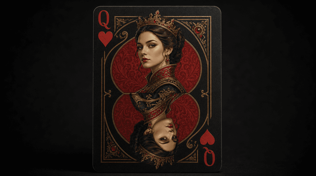 Studio lighting on card artwork, sharp focus on portrait and hearts elements, professional dark background, refined comp