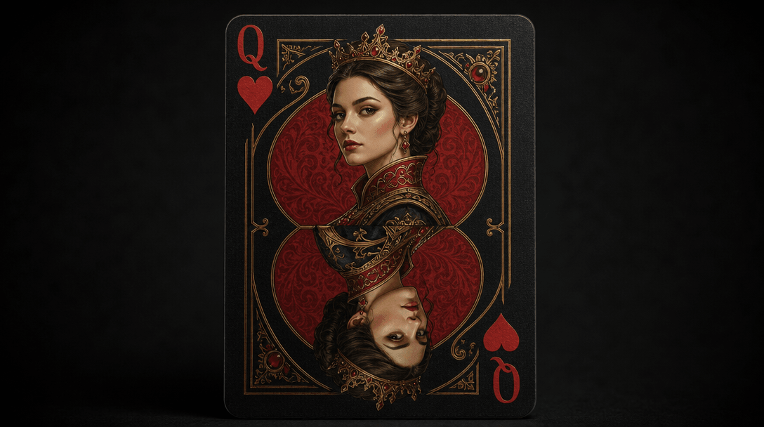 Studio lighting on card artwork, sharp focus on portrait and hearts elements, professional dark background, refined comp