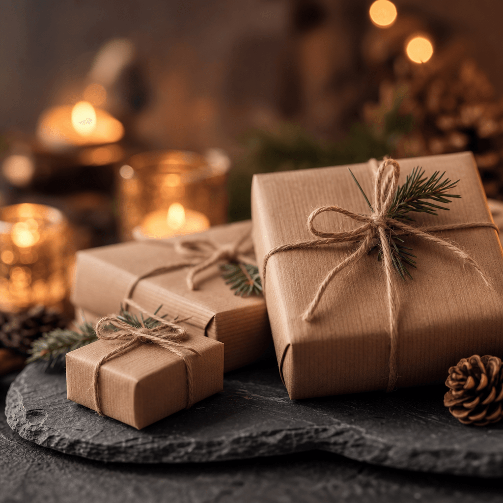 Cinematic close-up of holiday gifts wrapped in textured kraft paper with simple twine bows, stacked on dark slate, warm