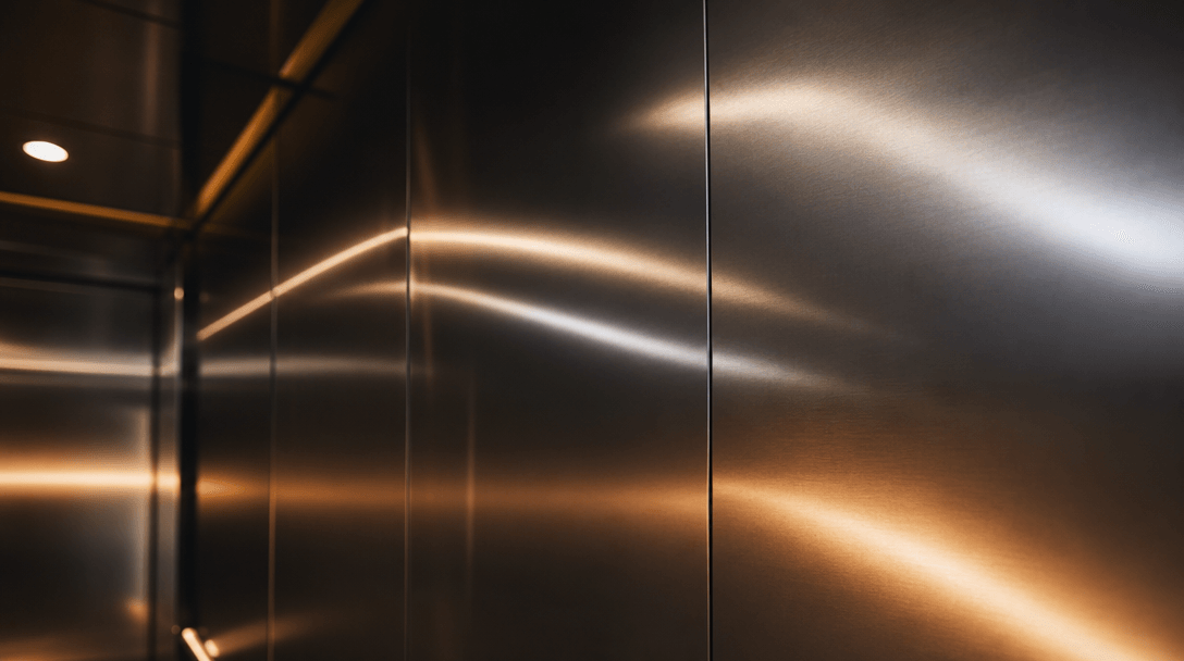 Abstract close-up of polished stainless steel elevator wall panels, warm amber and cool white light reflections forming