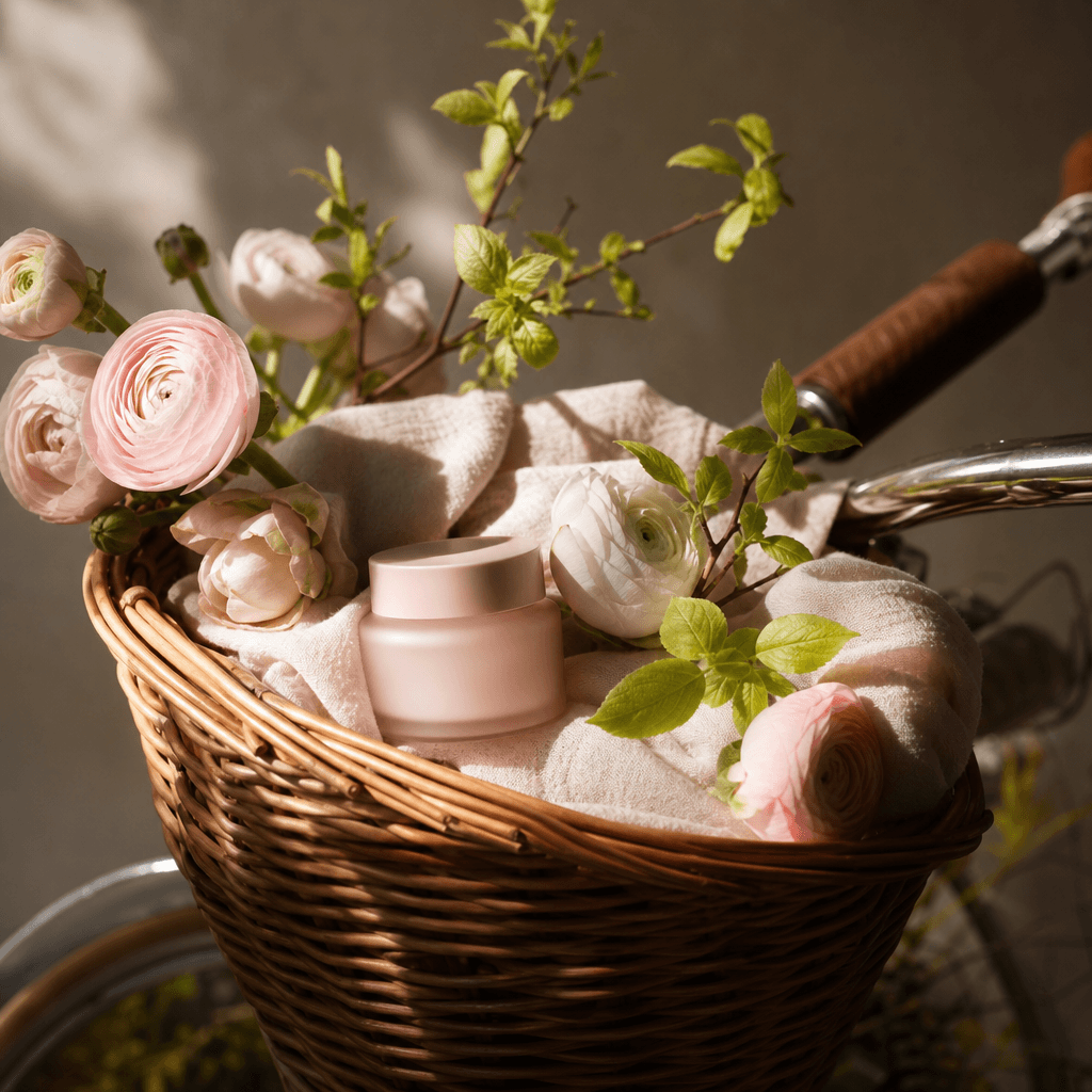 A minimalist blush-pink skincare jar arranged in a natural wicker bicycle basket with pale ranunculus, soft cotton fabri