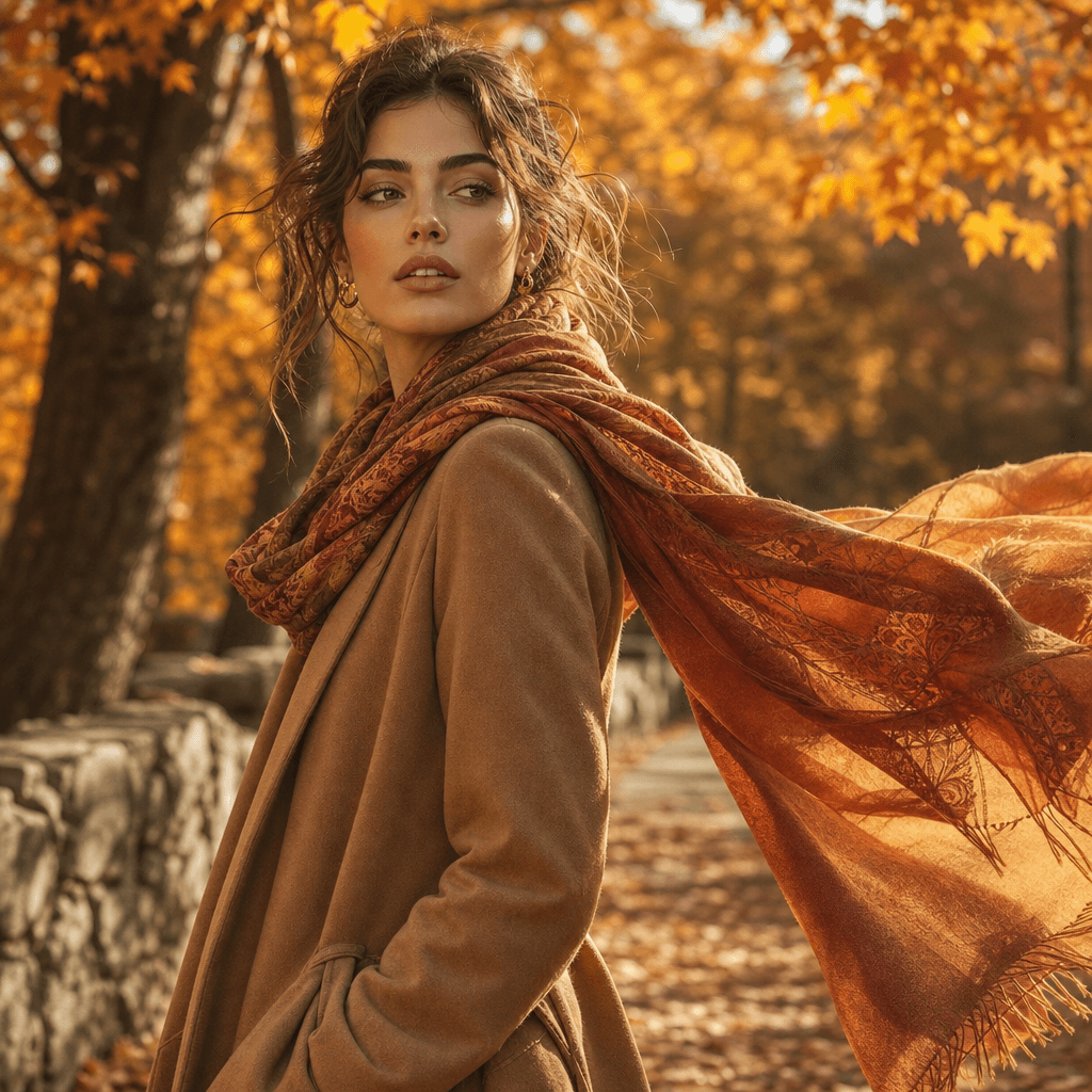 A fashion portrait of a model in a flowing scarf, standing amidst golden autumn trees. The scene captures the essence of