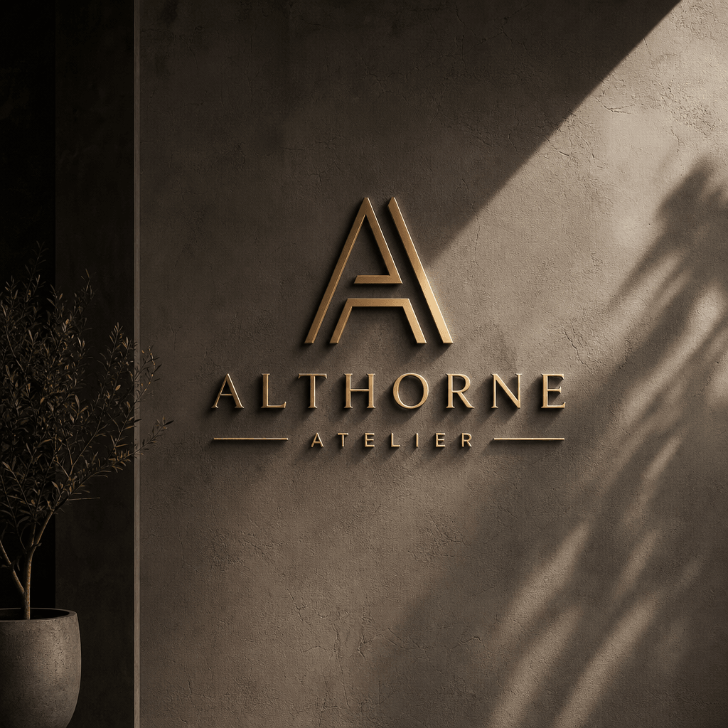 Elegant logo on a textured wall with sophisticated lighting—sharp geometric shadows. Editorial product branding style, d