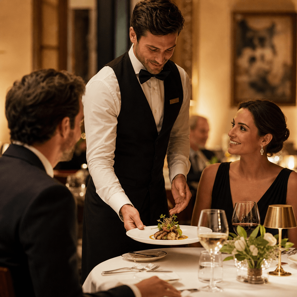 Professional waiter serving gourmet entree at upscale restaurant table. Warm golden light, elegant tableware, white line