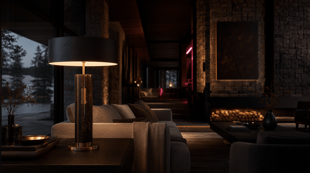 A premium table lamp integrated into a moody architectural living room, warm illumination revealing stone, dark timber,