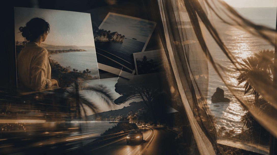 A cinematic travel memory expanding from still photographs into moving layers of ocean light, drifting curtains, road re