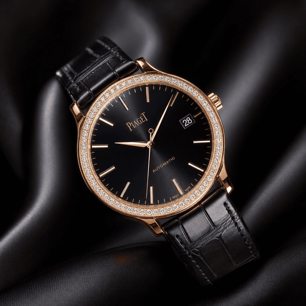 Luxury dress watch on silk fabric, diamond light reflection, dark moody background, jewelry showcase lighting, professio