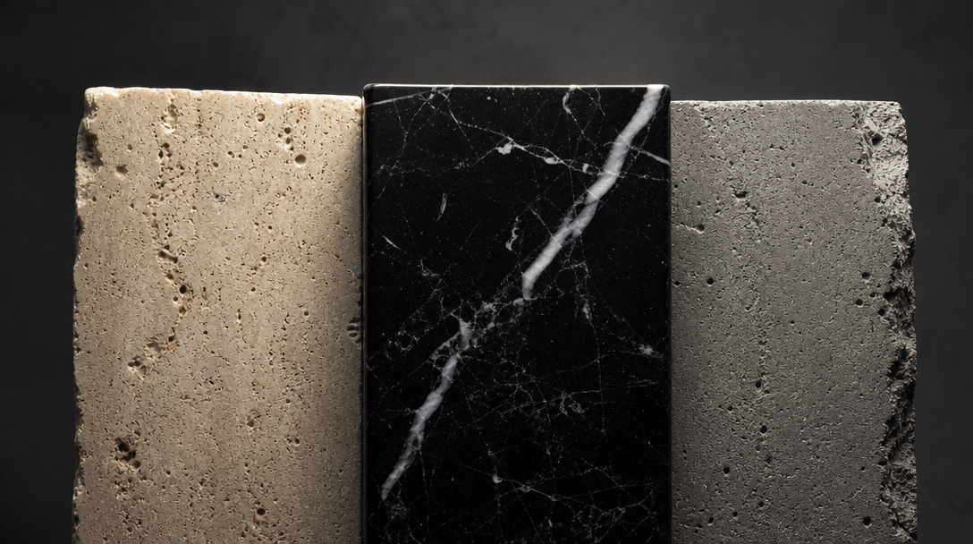 Abstract macro editorial photograph of a tight triptych of architectural material samples under dramatic raking studio l