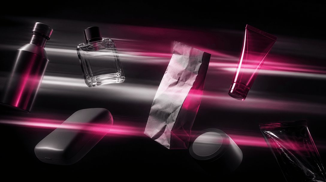 Several distinct product silhouettes passing through layered bands of cinematic light, each surface responding different