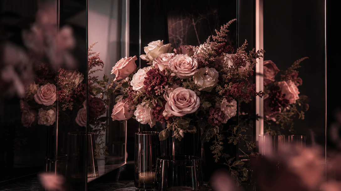A premium bouquet emerging from layered reflections in dark smoked mirrors, petals moving from isolated product presenta