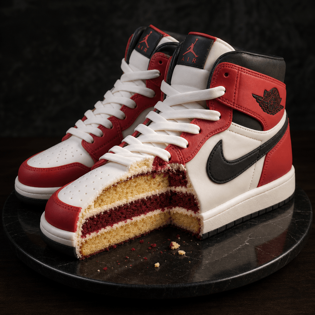 A pair of high-top sneakers reconstructed as a layered cake — shoe silhouette preserved in smooth fondant, laces recreat