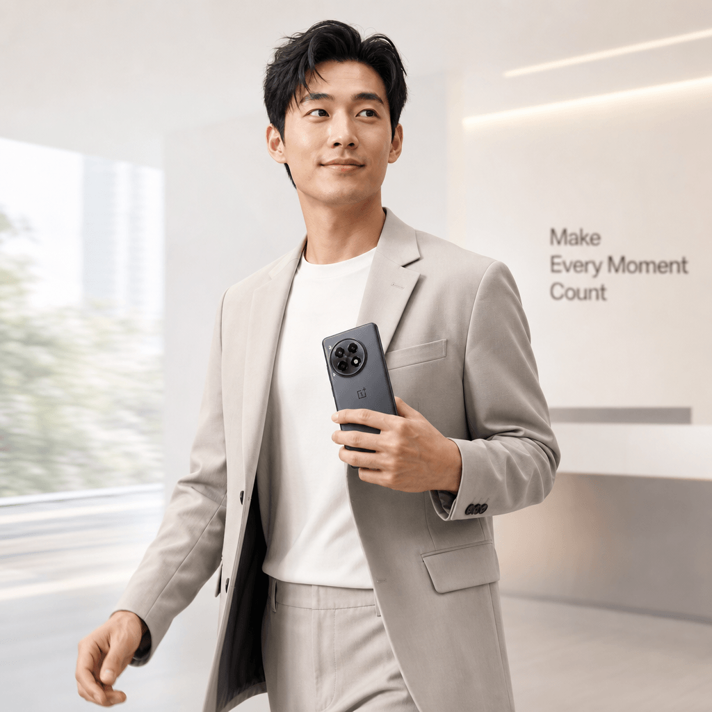 A confident person holding a tech gadget or phone while walking through a bright minimal interior space. Soft profession