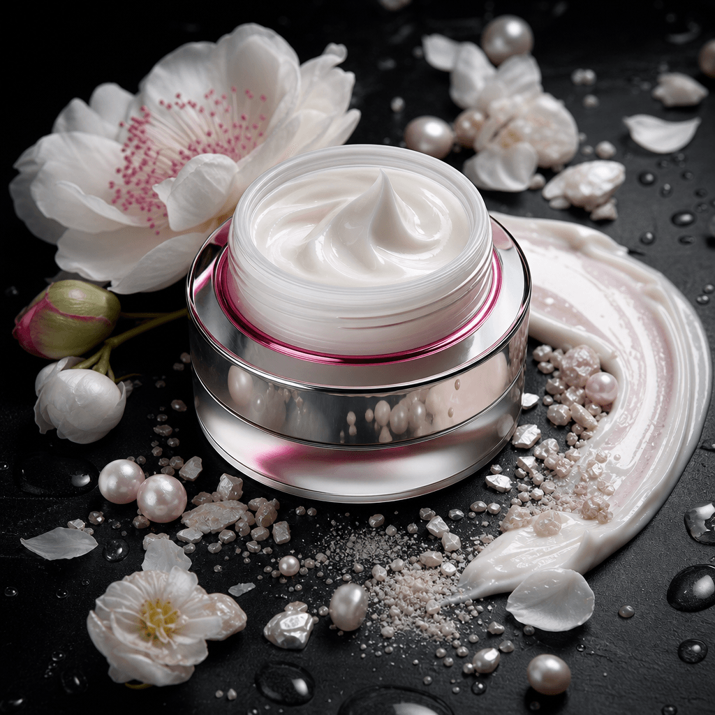 Luxury face cream jar surrounded by sculpted swirls of cream, crushed pearl minerals, white flowers, and clear water dro