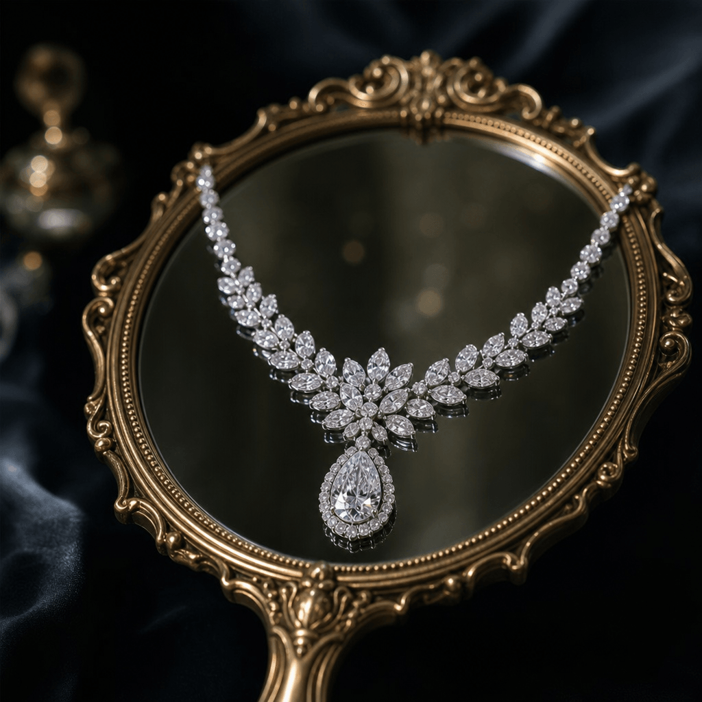 A close-up of a hand mirror featuring a stunning diamond necklace, with a dark background and soft focus to emphasize th