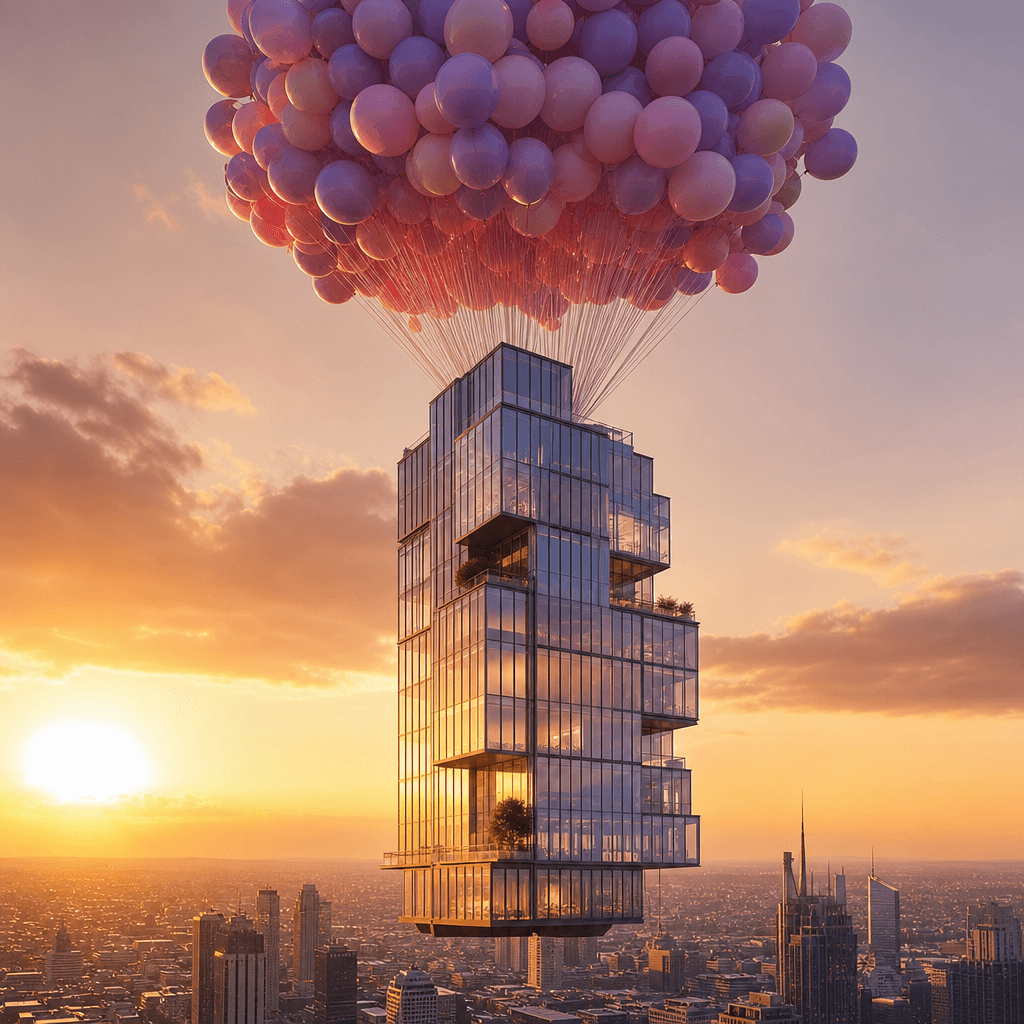 Sleek contemporary glass skyscraper descending gracefully on pastel purple and pink balloons, sunset golden hour lightin