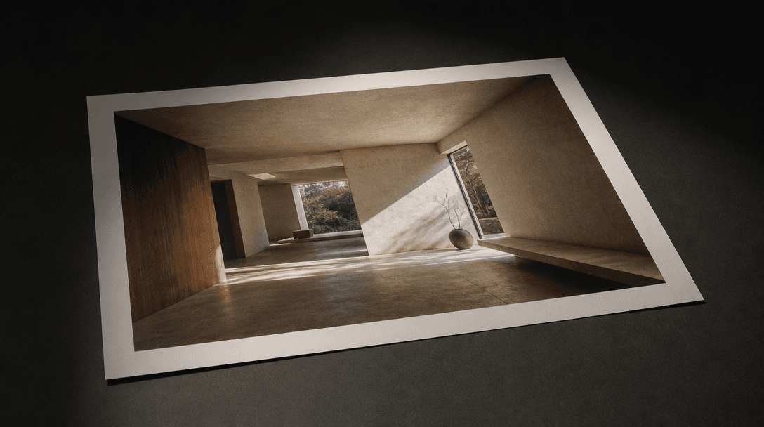 A single large-format interior architectural photograph lying flat on a dark matte surface, lit by a focused directional