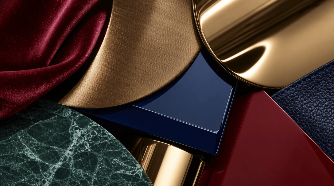 Close-up material texture study. Luxury surfaces including polished metal, velvet fabric, leather, and lacquered finishe