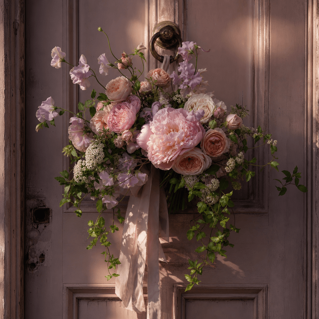 A romantic pastel bouquet hanging on a faded blush townhouse door, peonies, garden roses, sweet peas, and trailing green