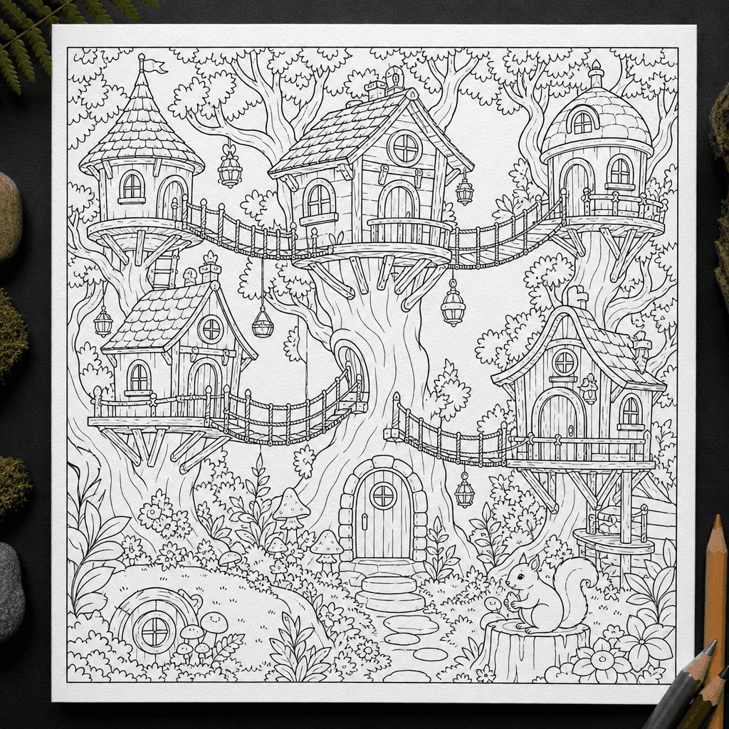 Square black-and-white coloring book page featuring an enchanted treehouse village connected by rope bridges, whimsical