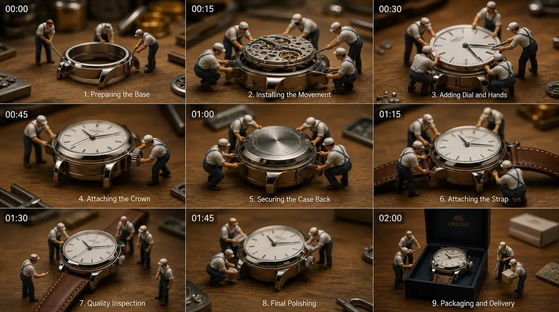 Time-lapse of tiny workers assembling product details with precision, intricate hand movements, warm professional lighti