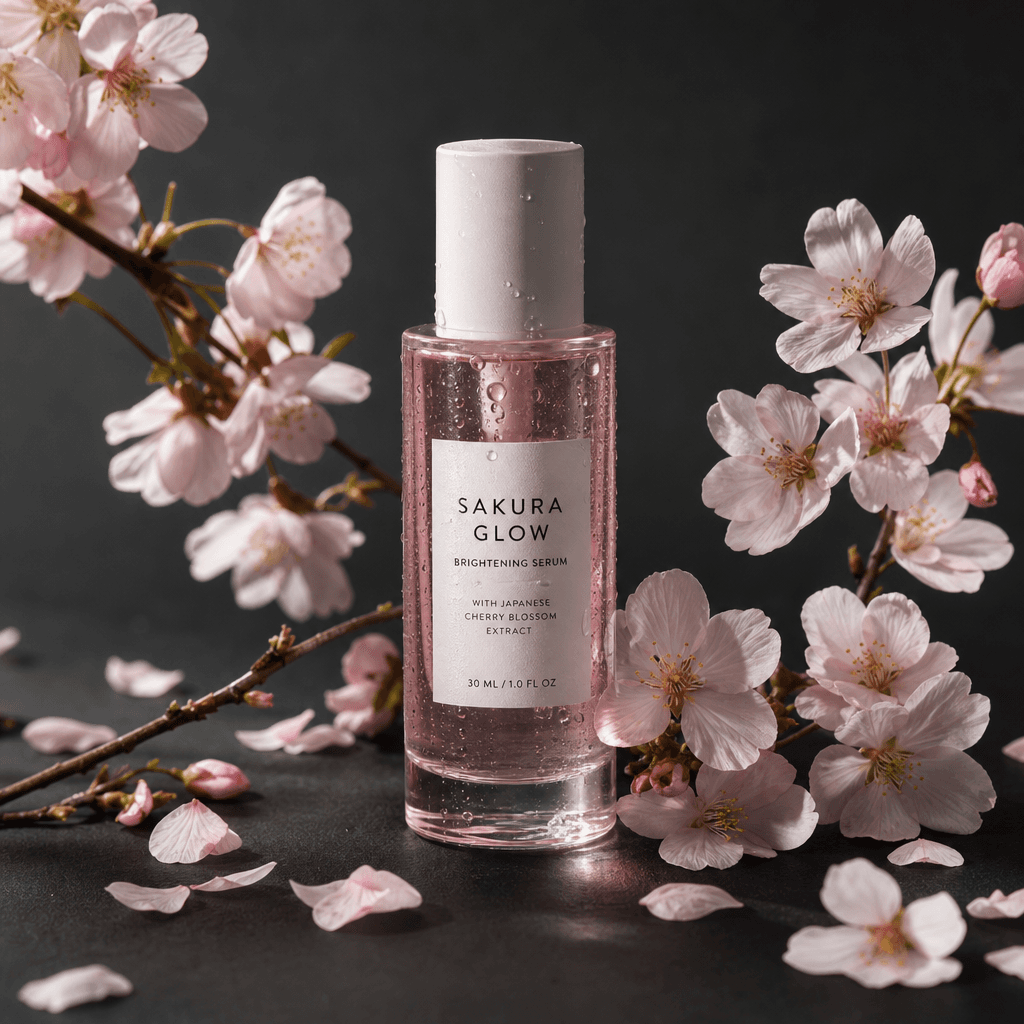A cylindrical glass skincare serum bottle surrounded by fresh cherry blossom branches and scattered pale pink petals on
