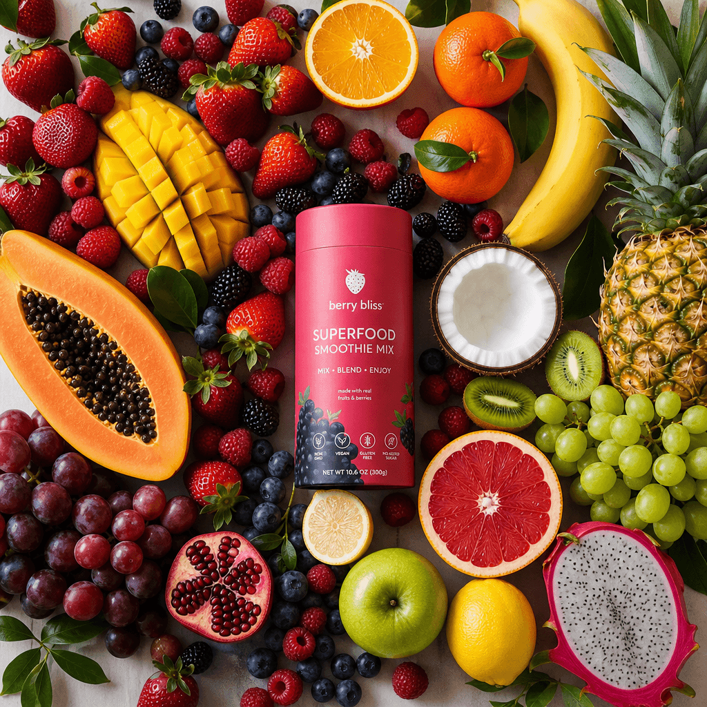 Overhead fruit flat lay composition. Artfully arranged pile of fresh colorful fruits surrounding product center, natural