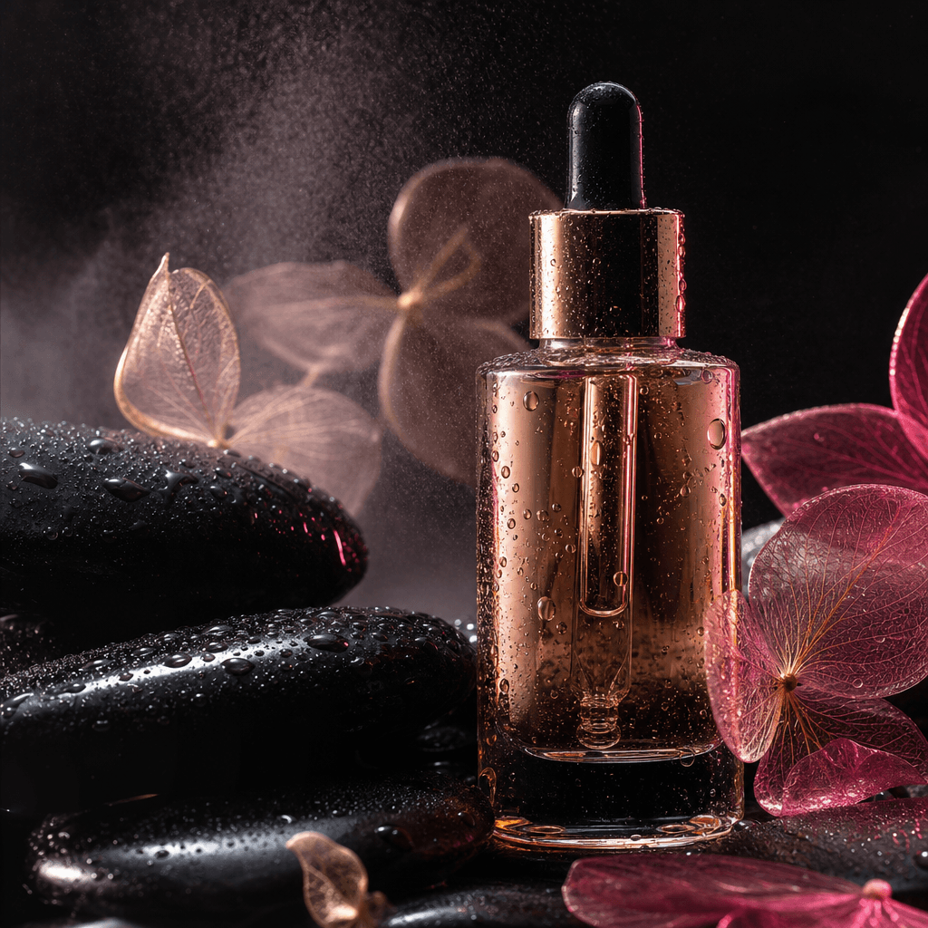 A luxury skincare serum bottle resting beside wet black stone and translucent botanical forms, precise droplets and soft