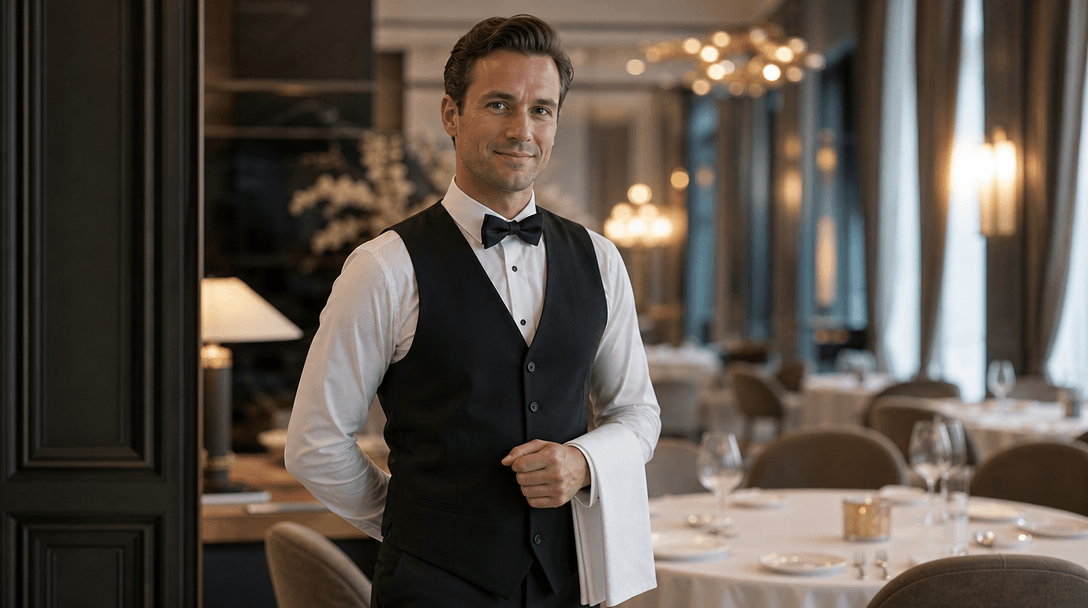 Realistic waiter character in professional service pose. Refined posture, graceful hand positioning, realistic fabric an