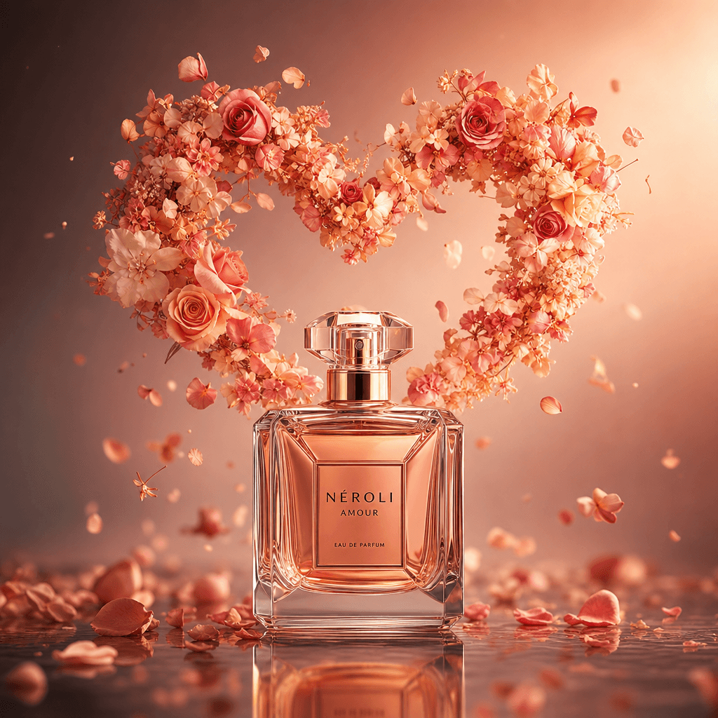 Perfume bottle with floating floral heart shape, luxury product photography, warm romantic lighting, professional editor