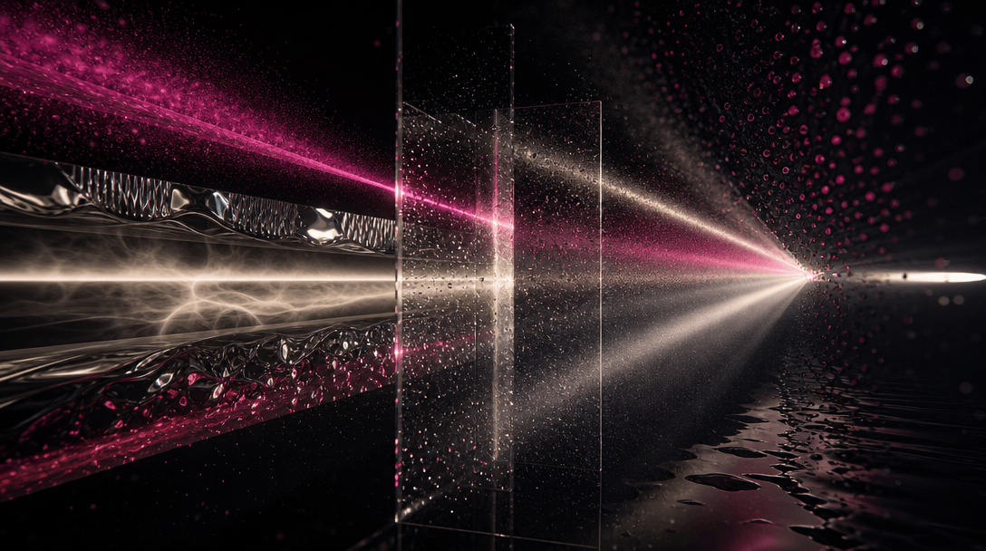 Multiple beams of cinematic light converging through layered glass, metallic film, liquid droplets, and fine atmospheric