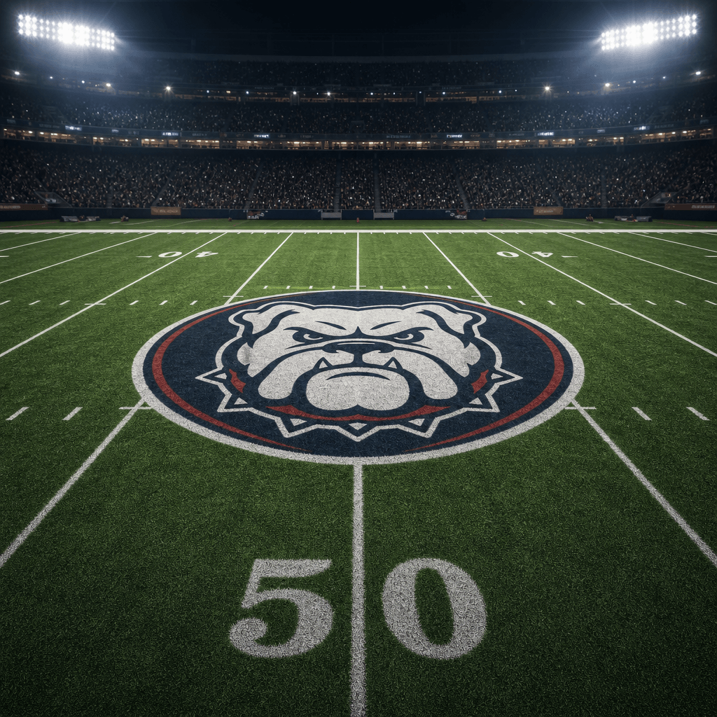 A team logo positioned at the exact center of a football field with stadium lighting. Grass texture detail visible, prof