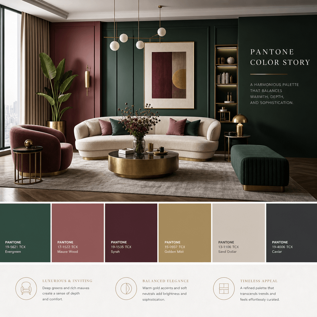 Luxury interior design space with multiple coordinated Pantone colors in furniture and walls, professional styling, desi