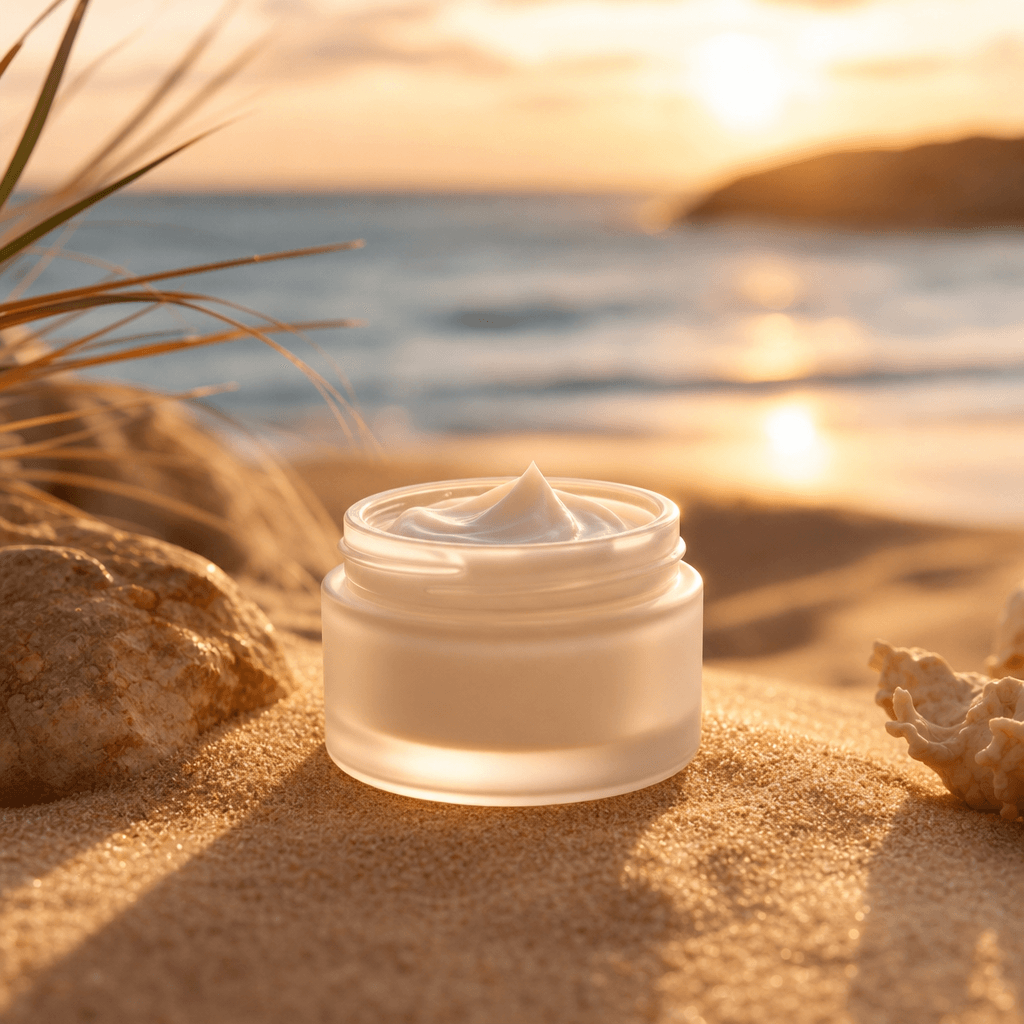 A small frosted glass jar of face cream sitting on sun-warmed golden sand, soft golden hour light angled low, blurred oc