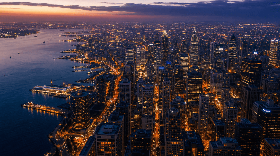 Abstract cityscape backdrop: urban skyline at dusk with city lights, aerial perspective, professional photography, depth