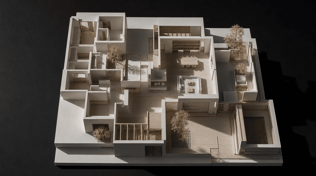 Overhead aerial view of a detailed architectural interior model — rooms, corridors, and open-plan living areas in matte