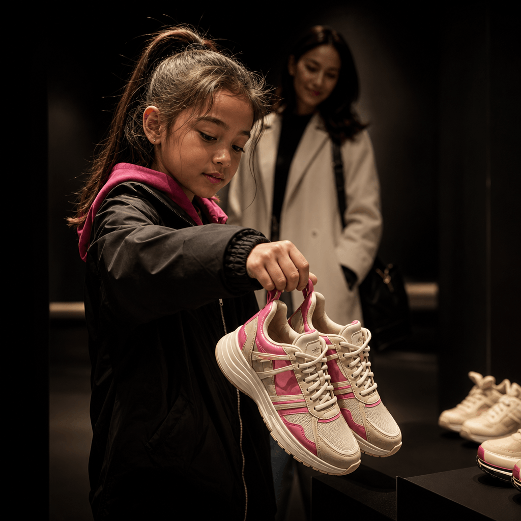 A pair of stylish children's sneakers being lifted from a minimalist store display by a young shopper, with an abstract