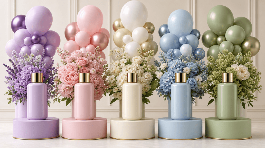 Multiple product color variants with matching floral balloon arrangements, coordinated brand colors, professional produc