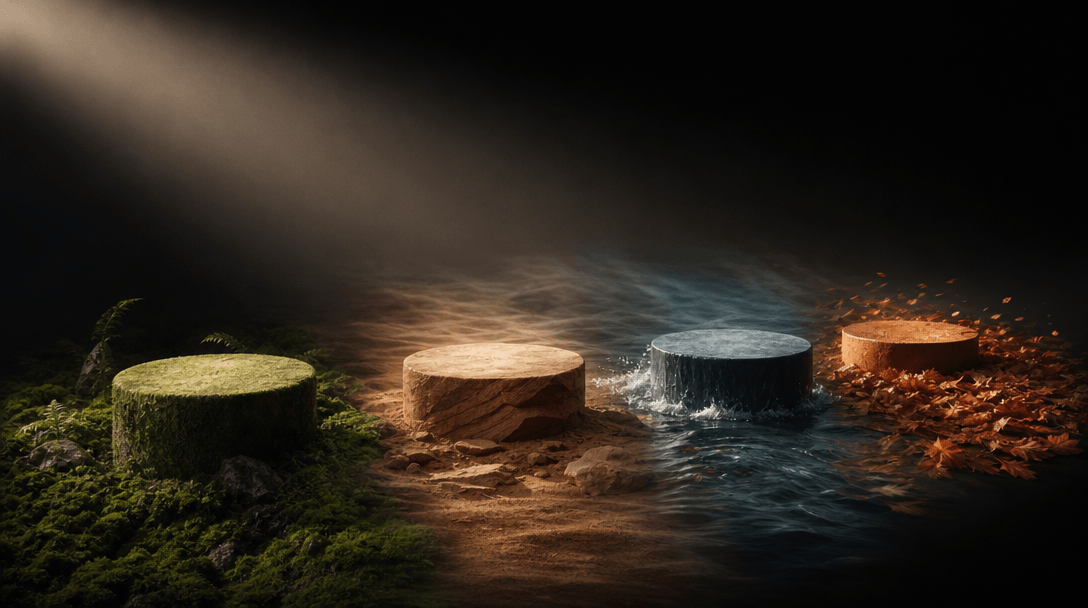 A row of four product pedestals receding through different atmospheric materials: moss, sandstone, water, and autumn lea