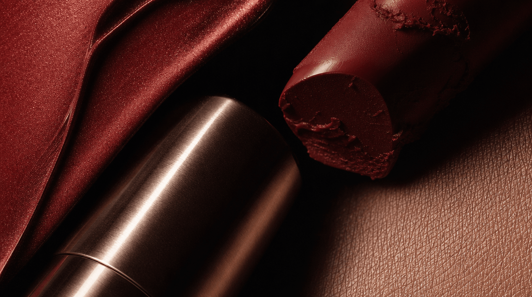Abstract cinematic macro study of lipstick pigment, brushed metal packaging, glossy cosmetic cream, and fine skin-like t