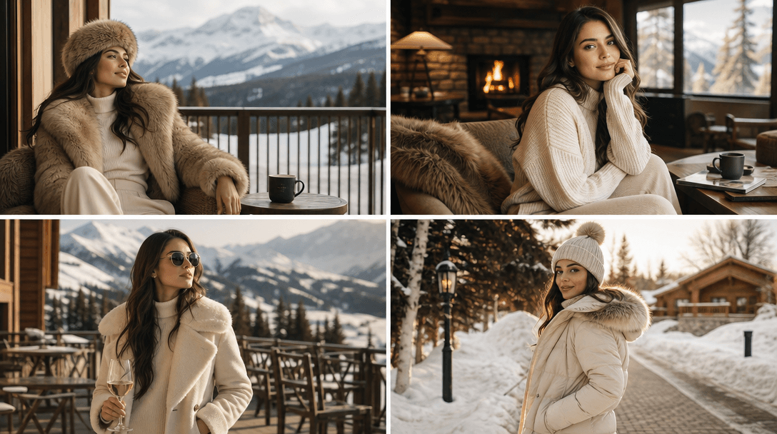 Four finished photoshoot images displayed in grid layout, winter resort theme, professional portfolio presentation, warm