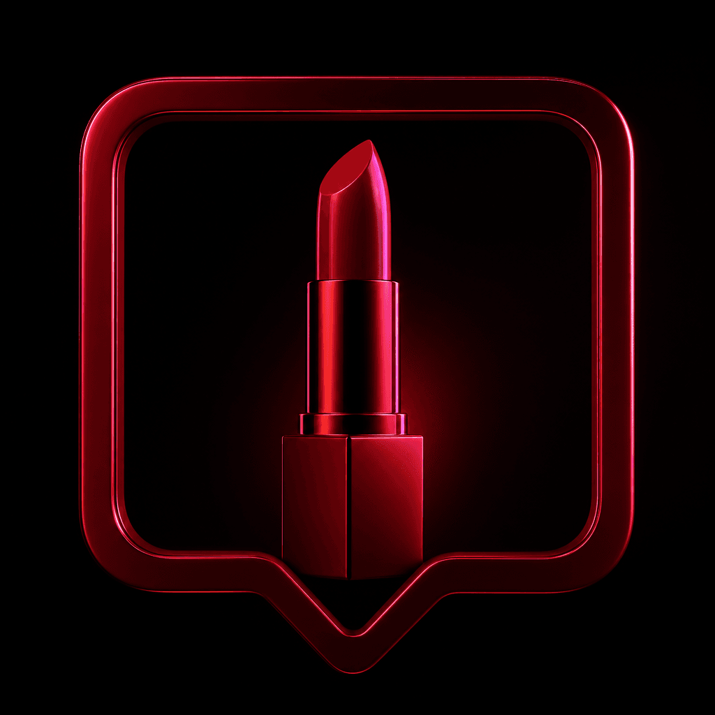 A sculptural red lipstick centered inside a minimal floating notification-inspired frame, dark editorial beauty campaign