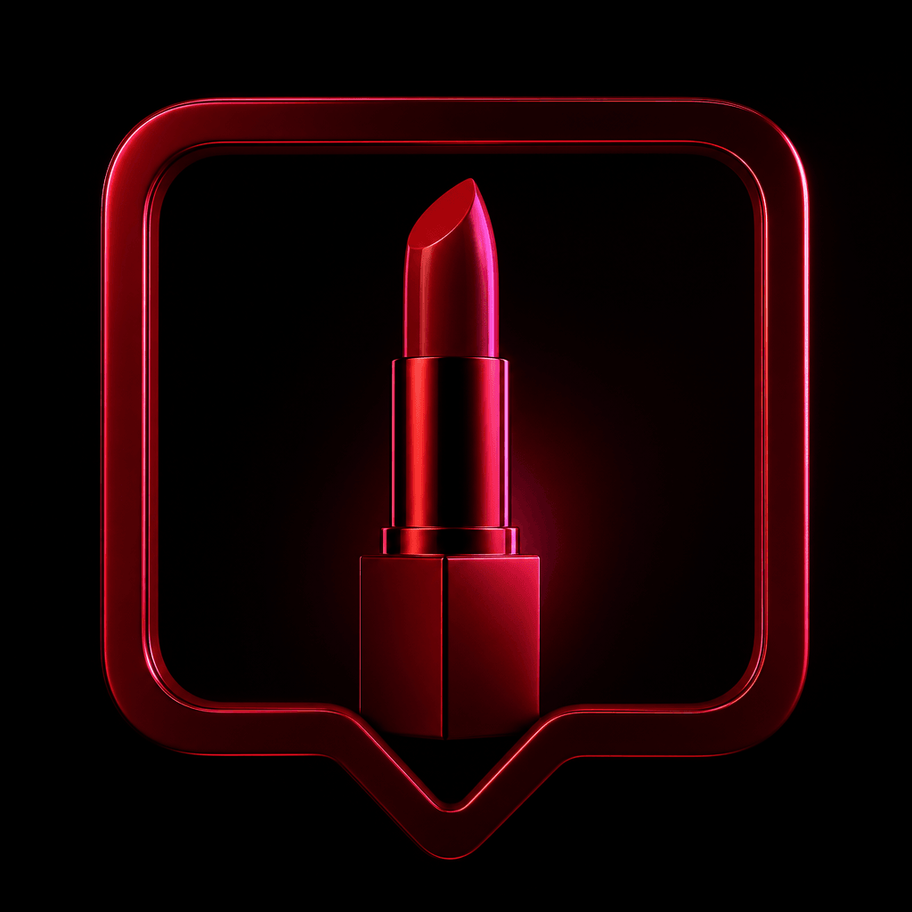 A sculptural red lipstick centered inside a minimal floating notification-inspired frame, dark editorial beauty campaign
