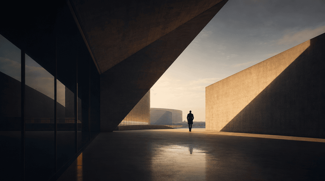 Composition and framing concept. Geometric shapes, architectural lines, leading composition elements. Deep shadows and l