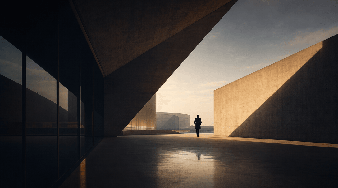 Composition and framing concept. Geometric shapes, architectural lines, leading composition elements. Deep shadows and l