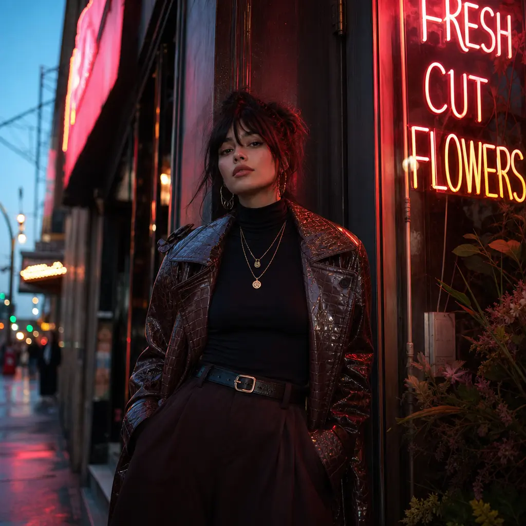 Street fashion portrait: model posed against neon-lit urban storefront at dusk, wearing statement outfit with accessorie