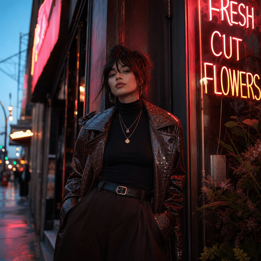 Street fashion portrait: model posed against neon-lit urban storefront at dusk, wearing statement outfit with accessorie