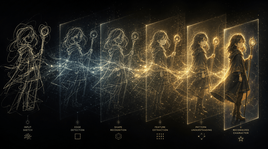 Abstract visualization of sketch recognition: a rough hand-drawn outline becoming clearer and more defined through layer