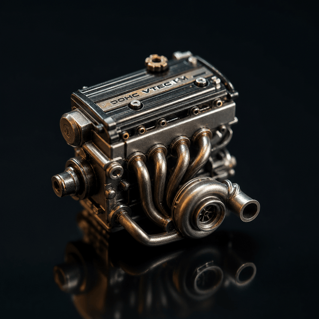 Miniaturized car engine component on dark reflective surface, cinematic macro lighting, metallic details emphasized
