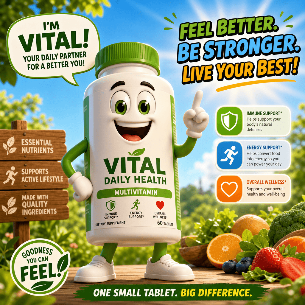 A talking character representing a health supplement, animated in a lively manner, set in a bright and cheerful environm